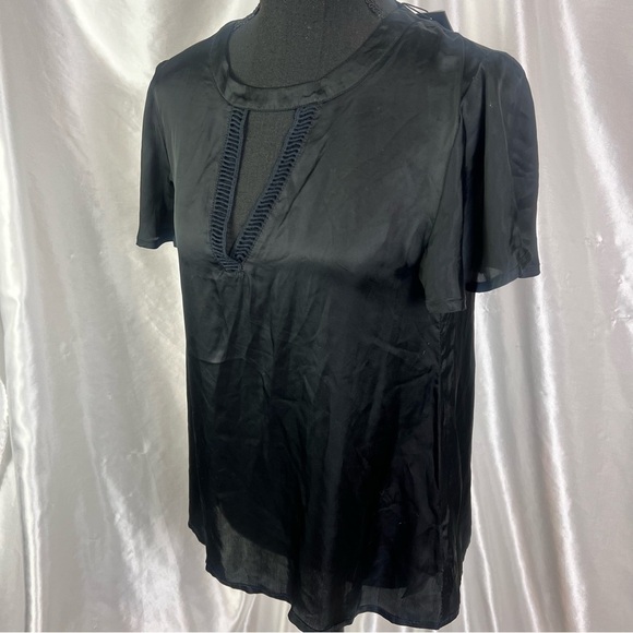 Stone Row Black Satin Cutout V-Neck Short Sleeve Blouse – Sleek & Chic (Size S) - Picture 4 of 15